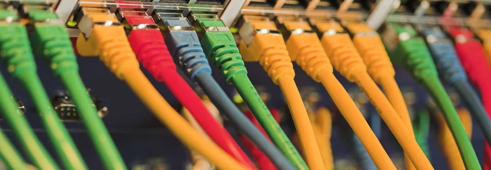 Bunte Netzwerkkabel an einem Switch angeschlossen